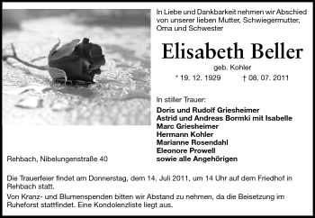Traueranzeige von Elisabeth Beller von Odenwälder Echo
