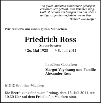 Traueranzeige von Friedrich Ross von Echo-Zeitungen (Gesamtausgabe)