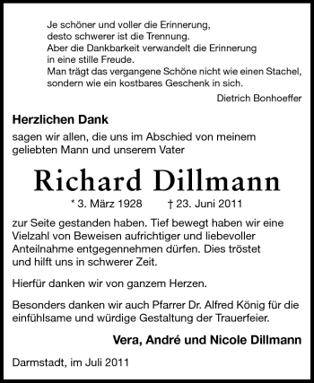 Traueranzeige von Richard Dillmann von Darmstädter Echo, Odenwälder Echo, Rüsselsheimer Echo, Groß-Gerauer-Echo, Ried Echo