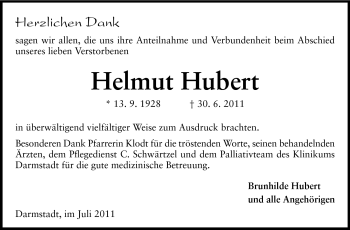 Traueranzeige von Helmut Hubert von Echo-Zeitungen (Gesamtausgabe)