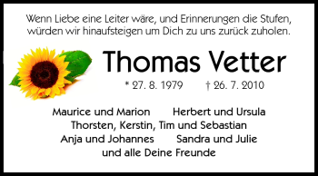 Traueranzeige von Thomas Vetter von Echo-Zeitungen (Gesamtausgabe)