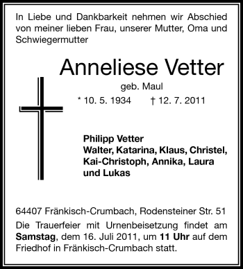 Traueranzeige von Anneliese Vetter von Echo-Zeitungen (Gesamtausgabe)