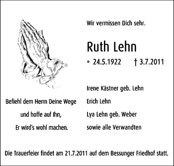 Traueranzeige von Ruth Lehn von Echo-Zeitungen (Gesamtausgabe)
