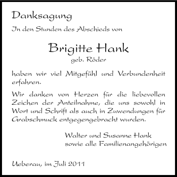 Traueranzeige von Brigitte Hank von Darmstädter Echo, Odenwälder Echo, Rüsselsheimer Echo, Groß-Gerauer-Echo, Ried Echo
