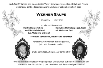 Traueranzeige von Werner Saupe von Echo-Zeitungen (Gesamtausgabe)