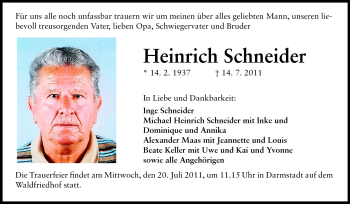 Traueranzeige von Heinrich Schneider  von Darmstädter Echo, Odenwälder Echo, Rüsselsheimer Echo, Groß-Gerauer-Echo, Ried Echo