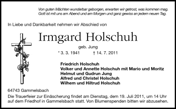 Traueranzeige von Irmgard Holschuh von Odenwälder Echo