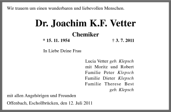 Traueranzeige von Joachim K. F. Vetter von Echo-Zeitungen (Gesamtausgabe)