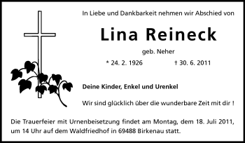 Traueranzeige von Lina Reineck von Starkenburger Echo