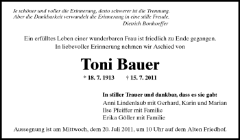 Traueranzeige von Toni Bauer von Echo-Zeitungen (Gesamtausgabe)