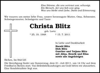 Traueranzeige von Christa Blitz von Darmstädter Echo, Odenwälder Echo, Rüsselsheimer Echo, Groß-Gerauer-Echo, Ried Echo