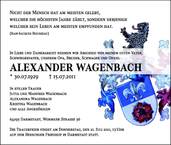 Traueranzeige von Alexander Wagenbach von Echo-Zeitungen (Gesamtausgabe)