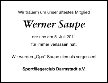 Traueranzeige von Werner Saupe von Echo-Zeitungen (Gesamtausgabe)
