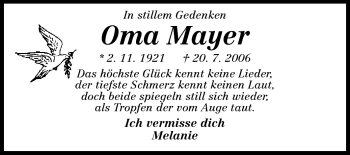 Traueranzeige von Oma Mayer von Odenwälder Echo