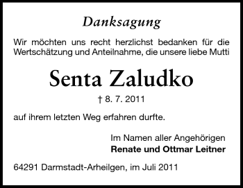 Traueranzeige von Senta Zaludko von Echo-Zeitungen (Gesamtausgabe)