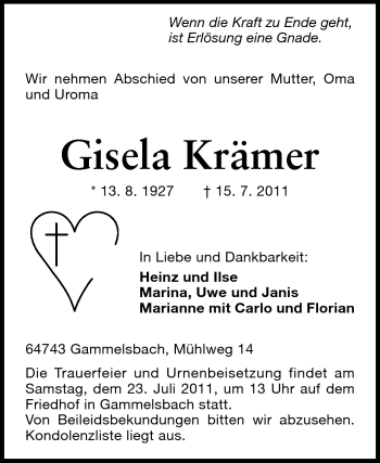 Traueranzeige von Gisela Krämer von Odenwälder Echo