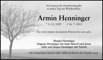 Traueranzeige von Armin Henninger von Darmstädter Echo, Odenwälder Echo, Rüsselsheimer Echo, Groß-Gerauer-Echo, Ried Echo