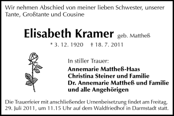 Traueranzeige von Elisabeth Kramer von Darmstädter Echo, Odenwälder Echo, Rüsselsheimer Echo, Groß-Gerauer-Echo, Ried Echo