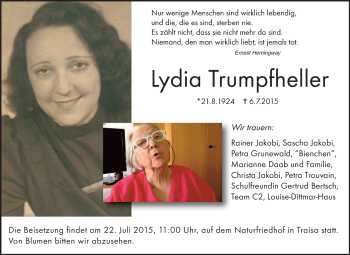 Traueranzeige von Lydia Trumpfheller von Echo-Zeitungen (Gesamtausgabe)