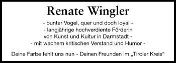 Traueranzeige von Renate Wingler von Echo-Zeitungen (Gesamtausgabe)