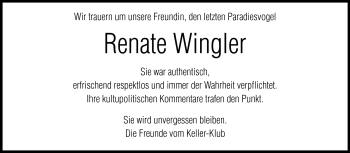 Traueranzeige von Renate Wingler von Darmstädter Echo, Odenwälder Echo, Rüsselsheimer Echo, Groß-Gerauer-Echo, Ried Echo