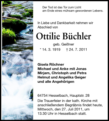 Traueranzeige von Ottilie Büchler von Odenwälder Echo
