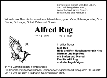 Traueranzeige von Alfred Rug von Odenwälder Echo