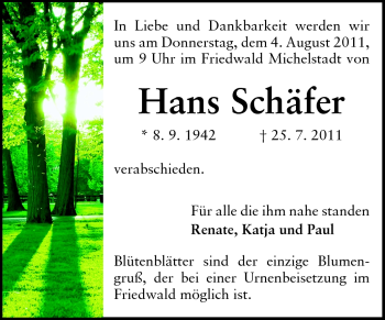 Traueranzeige von Hans Schäfer von Echo-Zeitungen (Gesamtausgabe)