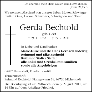 Traueranzeige von Gerda Bechthold von Darmstädter Echo, Odenwälder Echo, Rüsselsheimer Echo, Groß-Gerauer-Echo, Ried Echo