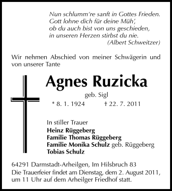 Traueranzeige von Agnes Ruzicka von Echo-Zeitungen (Gesamtausgabe)