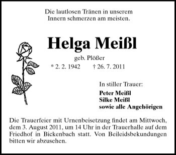 Traueranzeige von Helga Meißl von Echo-Zeitungen (Gesamtausgabe)