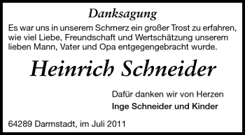 Traueranzeige von Heinrich Schneider  von Darmstädter Echo, Odenwälder Echo, Rüsselsheimer Echo, Groß-Gerauer-Echo, Ried Echo