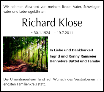 Traueranzeige von Richard Klose von Echo-Zeitungen (Gesamtausgabe)