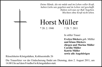 Traueranzeige von Horst Müller von Rüsselsheimer Echo, Groß-Gerauer-Echo, Ried Echo