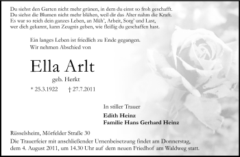 Traueranzeige von Ella Arlt von Rüsselsheimer Echo, Groß-Gerauer-Echo, Ried Echo