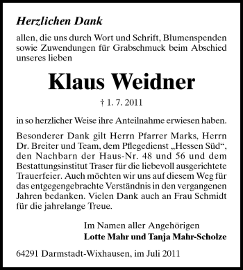 Traueranzeige von Klaus Dieter Weidner von Echo-Zeitungen (Gesamtausgabe)