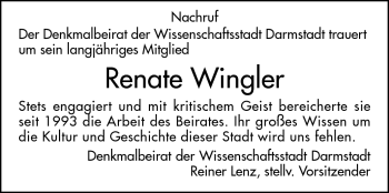 Traueranzeige von Renate Wingler von Darmstädter Echo, Odenwälder Echo, Rüsselsheimer Echo, Groß-Gerauer-Echo, Ried Echo