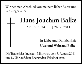 Traueranzeige von Hans Joachim Balke von Echo-Zeitungen (Gesamtausgabe)