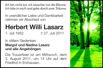 Traueranzeige von Herbert Willi Lasarz von Echo-Zeitungen (Gesamtausgabe)