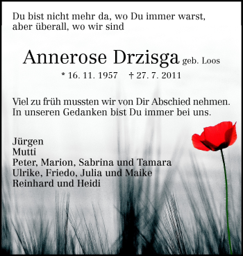 Traueranzeige von Annerose Drzisga von Echo-Zeitungen (Gesamtausgabe)