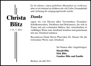Traueranzeige von Christa Blitz von Echo-Zeitungen (Gesamtausgabe)