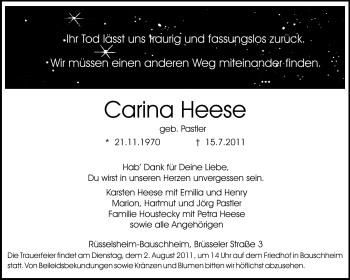Traueranzeige von Carina Heese von Rüsselsheimer Echo, Groß-Gerauer-Echo, Ried Echo