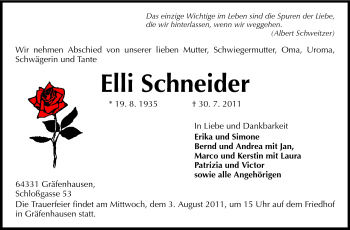 Traueranzeige von Elli Schneider von Echo-Zeitungen (Gesamtausgabe)