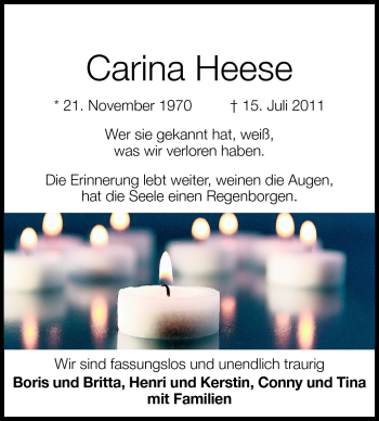 Traueranzeige von Carina Heese von Rüsselsheimer Echo, Groß-Gerauer-Echo, Ried Echo