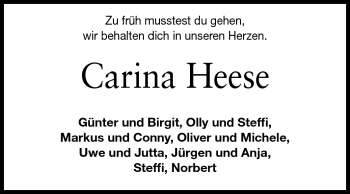 Traueranzeige von Carina Heese von Rüsselsheimer Echo, Groß-Gerauer-Echo, Ried Echo