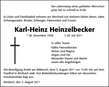 Traueranzeige von Karl-Heinz Heinzelbecker von Starkenburger Echo