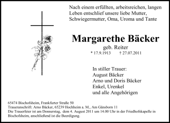 Traueranzeige von Margarethe Bäcker von Rüsselsheimer Echo, Groß-Gerauer-Echo, Ried Echo