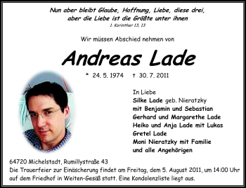 Traueranzeige von Andreas Lade von Odenwälder Echo