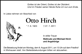 Traueranzeige von Otto Hirch von Echo-Zeitungen (Gesamtausgabe)