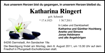 Traueranzeige von Katharina Ringert von Echo-Zeitungen (Gesamtausgabe)